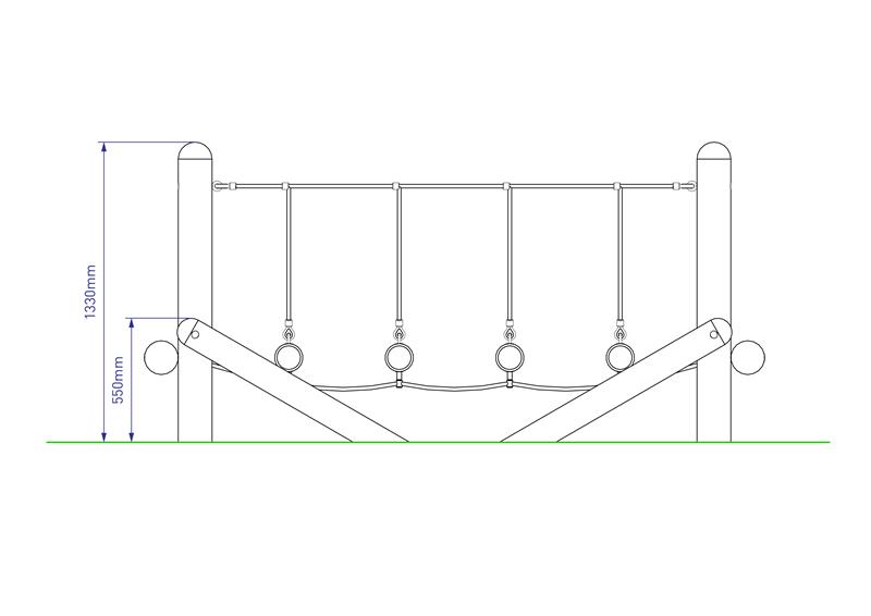 Technical render of a Swinging Log Bridge with Rope Handrails